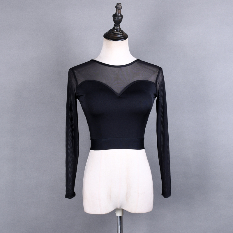 Hálós latin tánc felső hát nélküli, keresztezett pántokkal, 90% poliészter keverék, női modern tánc felső Belly és Latin tánchoz