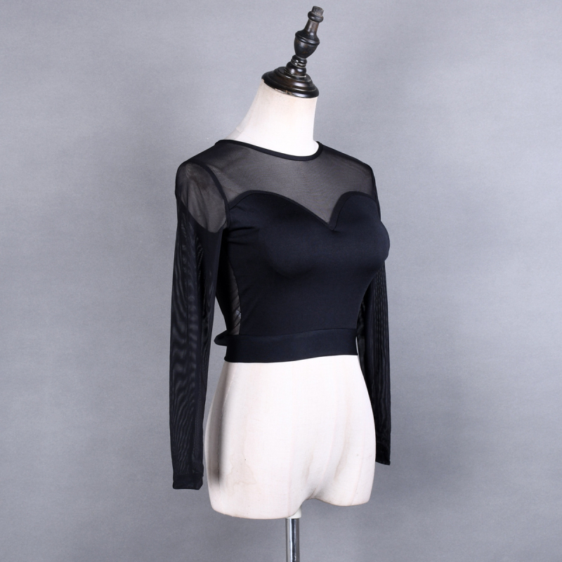 Hálós latin tánc felső hát nélküli, keresztezett pántokkal, 90% poliészter keverék, női modern tánc felső Belly és Latin tánchoz