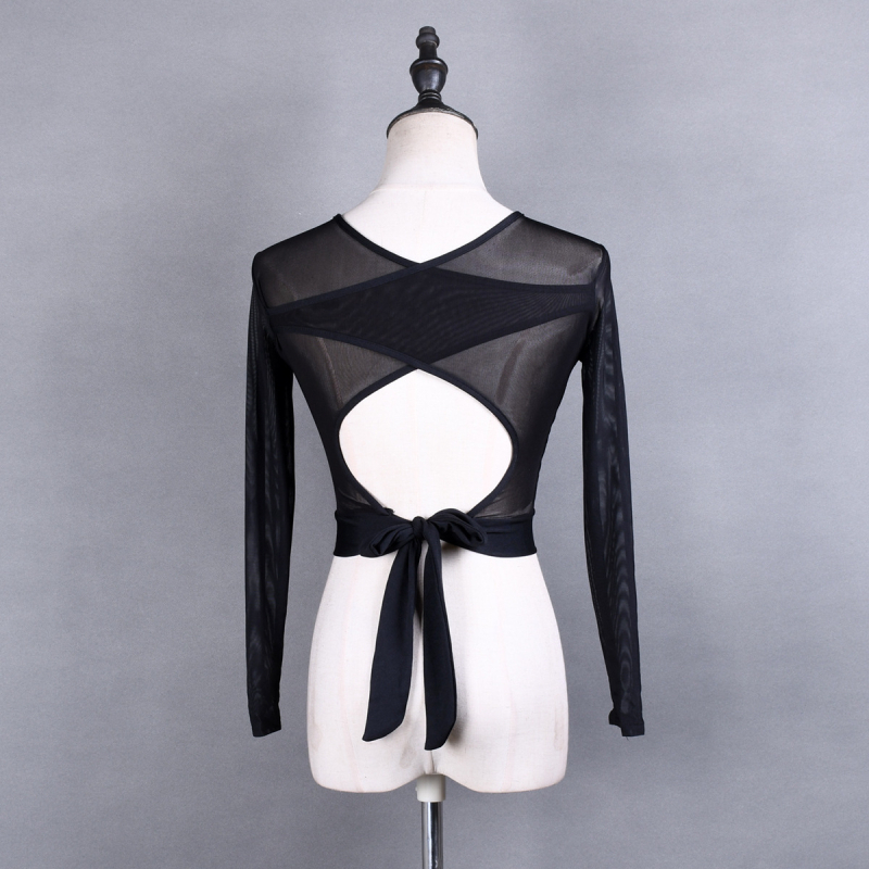 Hálós latin tánc felső hát nélküli, keresztezett pántokkal, 90% poliészter keverék, női modern tánc felső Belly és Latin tánchoz