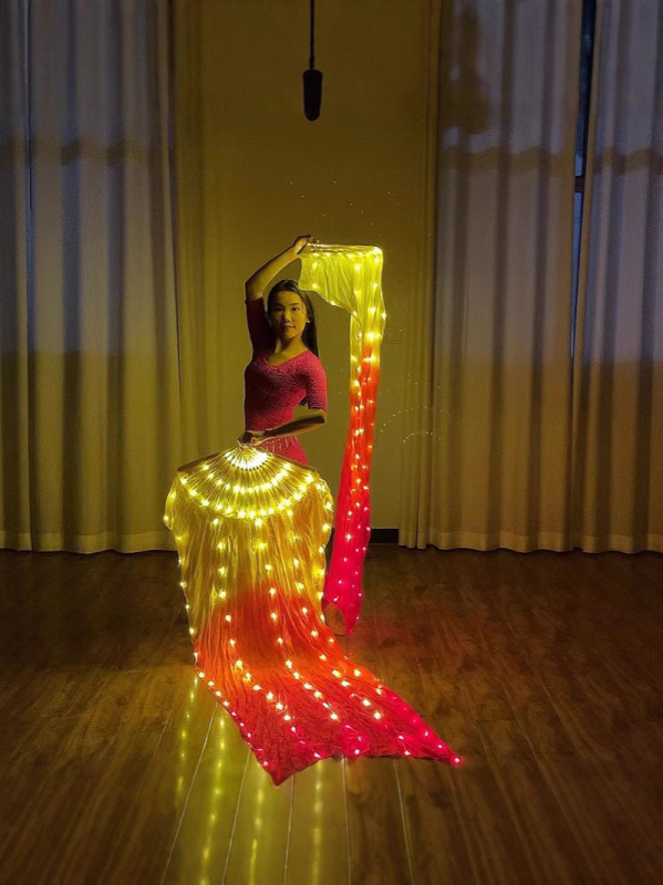 LED svjetleći fan za Belly Dance, tkanina Mulberry Silk, preko 95% sadržaja svile, punjiv, nježne svjetleće niti