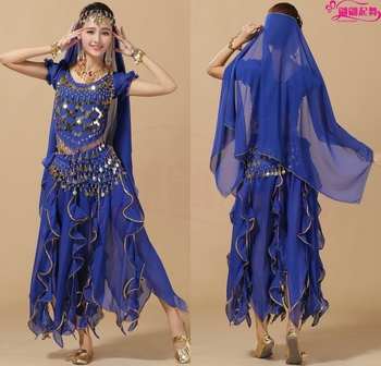 Индийски танцов костюм за изпълнение – комплект с топ с къс ръкав и пола, акрилен материал