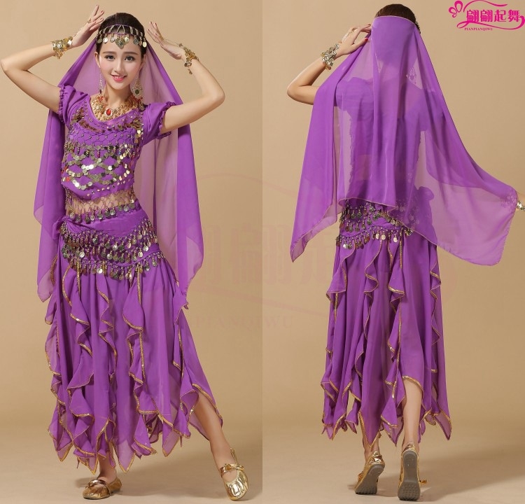 Индийски танцов костюм за изпълнение – комплект с топ с къс ръкав и пола, акрилен материал