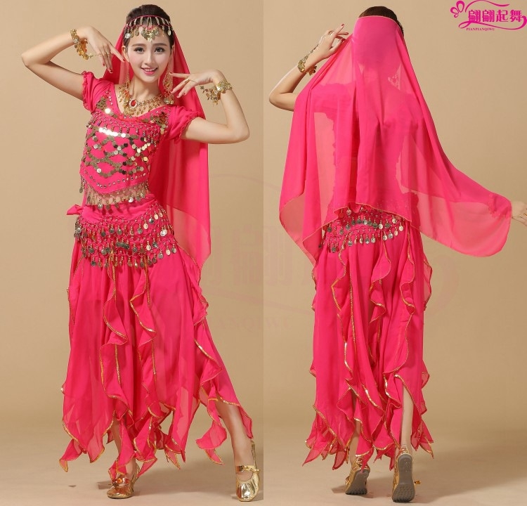 Индийски танцов костюм за изпълнение – комплект с топ с къс ръкав и пола, акрилен материал