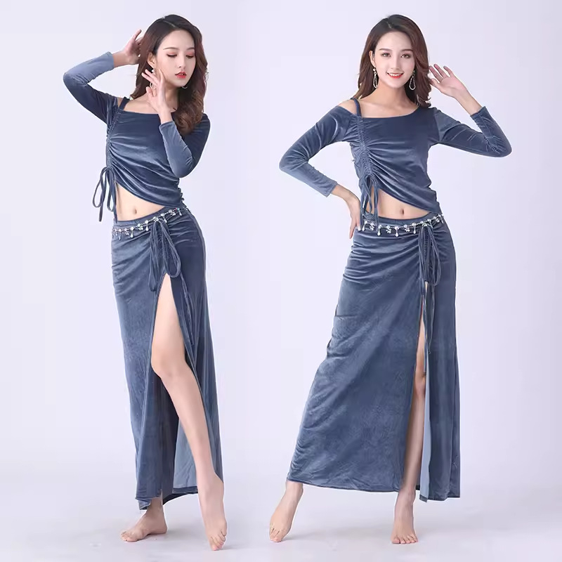 Set kostima za belly dance za vježbanje, dugi rukavi, suknja s vezom, baršunasti materijal, pamuk 30–50%, elegantan stil