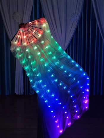 LED osvetlený hodvábny fan s dúhovým vodným efektom – rekvizita pre belly dance, látka: hodváb a elastan (hodváb 80–90%, elastan 80–90%)
