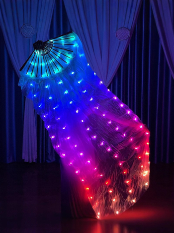 LED osvetlený hodvábny fan s dúhovým vodným efektom – rekvizita pre belly dance, látka: hodváb a elastan (hodváb 80–90%, elastan 80–90%)