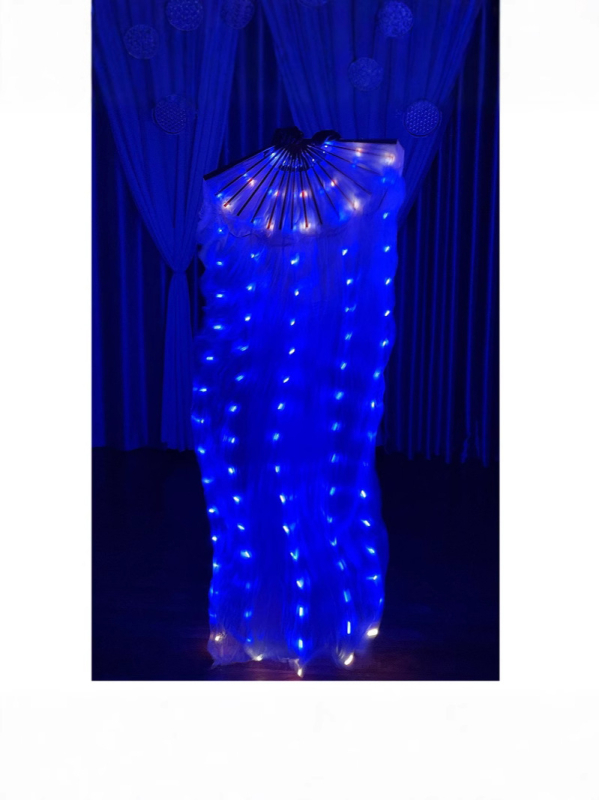 LED osvetlený hodvábny fan s dúhovým vodným efektom – rekvizita pre belly dance, látka: hodváb a elastan (hodváb 80–90%, elastan 80–90%)