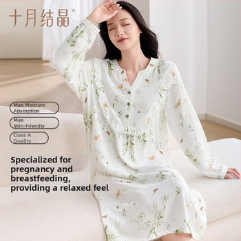 Tehotenské šaty s V-krkom, dlhé rukávy, bambusové vlákna (70–80%) s bavlnou (≤30%), voľný dlhý strih šiat, jar 2025