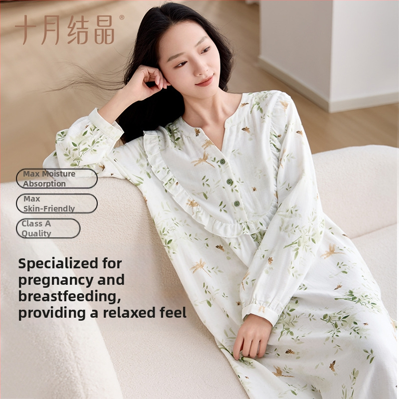 Tehotenské šaty s V-krkom, dlhé rukávy, bambusové vlákna (70–80%) s bavlnou (≤30%), voľný dlhý strih šiat, jar 2025