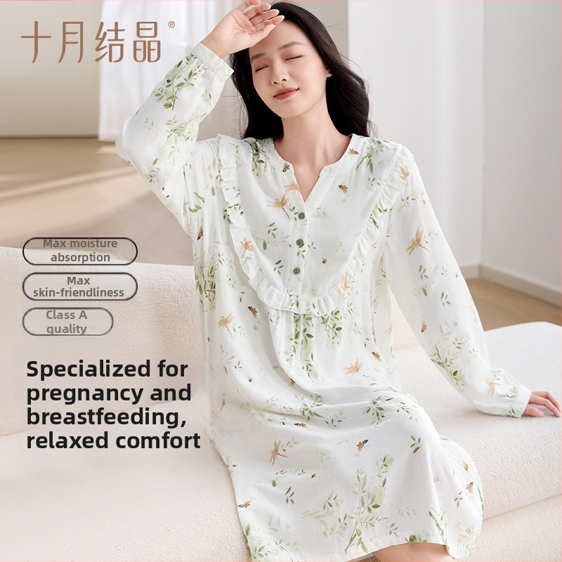 Tehotenské šaty s V-krkom, dlhé rukávy, bambusové vlákna (70–80%) s bavlnou (≤30%), voľný dlhý strih šiat, jar 2025