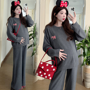 Trudnički set od pletene tkanine: majica s dugim rukavima i široke hlače, dvodjelni set, 2025 proljeće-jesen, japansko-korejski ležerni stil