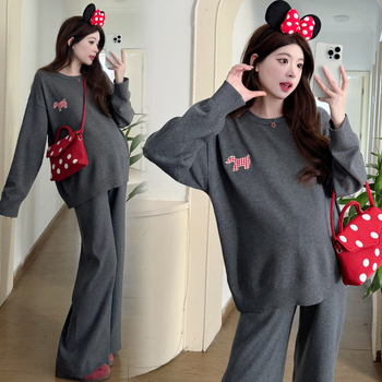 Trudnički set od pletene tkanine: majica s dugim rukavima i široke hlače, dvodjelni set, 2025 proljeće-jesen, japansko-korejski ležerni stil