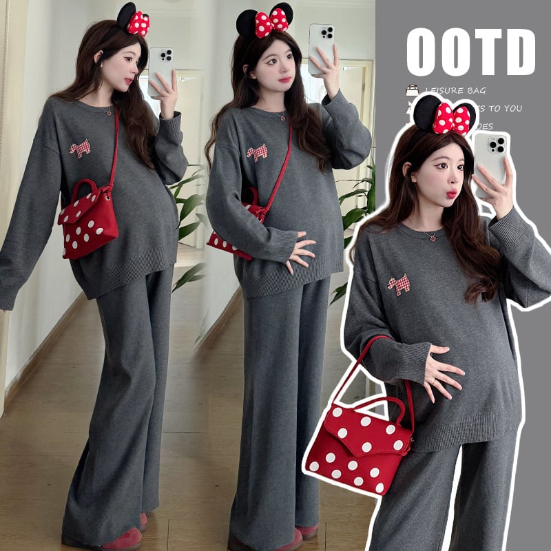 Trudnički set od pletene tkanine: majica s dugim rukavima i široke hlače, dvodjelni set, 2025 proljeće-jesen, japansko-korejski ležerni stil