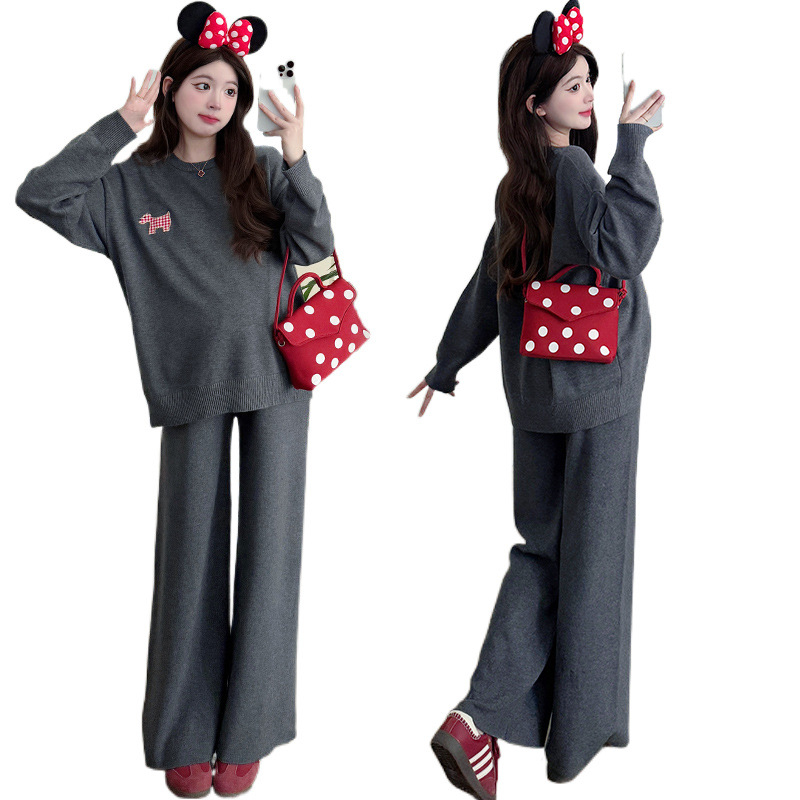 Trudnički set od pletene tkanine: majica s dugim rukavima i široke hlače, dvodjelni set, 2025 proljeće-jesen, japansko-korejski ležerni stil