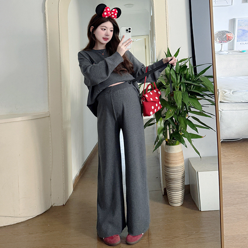 Trudnički set od pletene tkanine: majica s dugim rukavima i široke hlače, dvodjelni set, 2025 proljeće-jesen, japansko-korejski ležerni stil