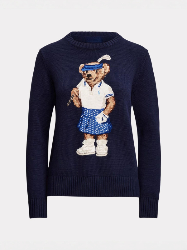 Dámska mikina s kapucňou a výšivkou medveďa, štíhla silueta, dlhé rukávy, vysoký golier.