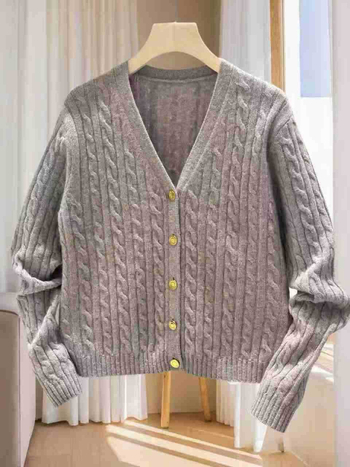Ženski kardigan od kašmira i vune, Twist Flower pletenje, V-izrez, dugi rukavi, kopčanje u jednom redu, jesen 2025