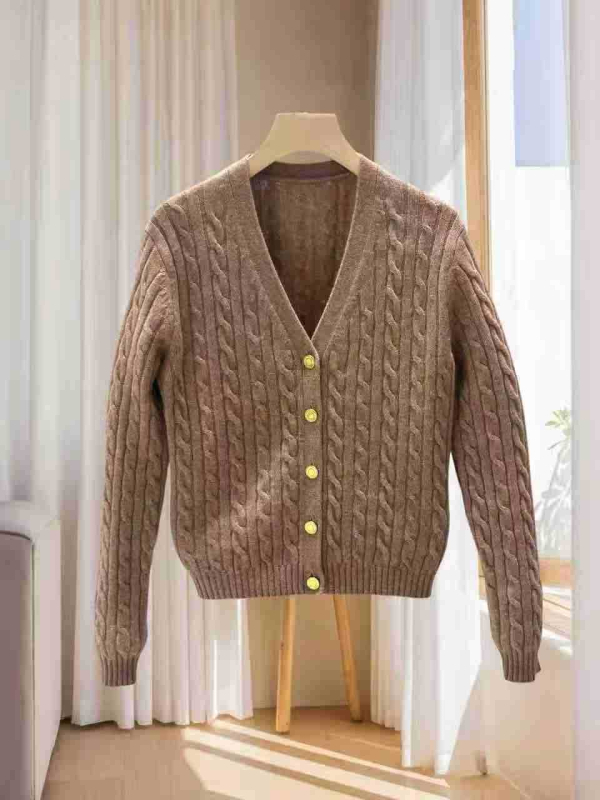Ženski kardigan od kašmira i vune, Twist Flower pletenje, V-izrez, dugi rukavi, kopčanje u jednom redu, jesen 2025