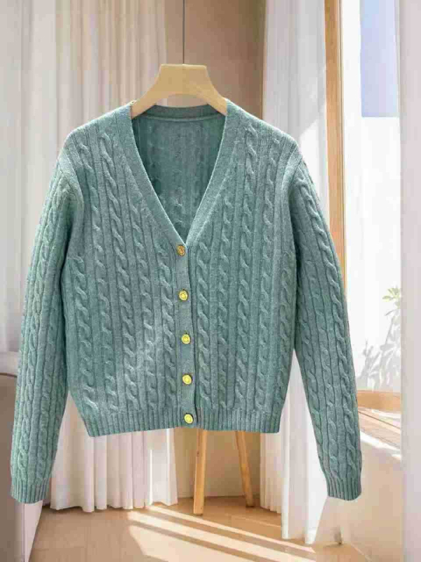 Ženski kardigan od kašmira i vune, Twist Flower pletenje, V-izrez, dugi rukavi, kopčanje u jednom redu, jesen 2025