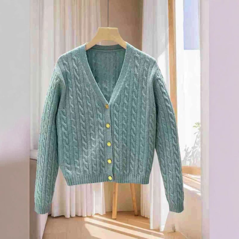 Ženski kardigan od kašmira i vune, Twist Flower pletenje, V-izrez, dugi rukavi, kopčanje u jednom redu, jesen 2025