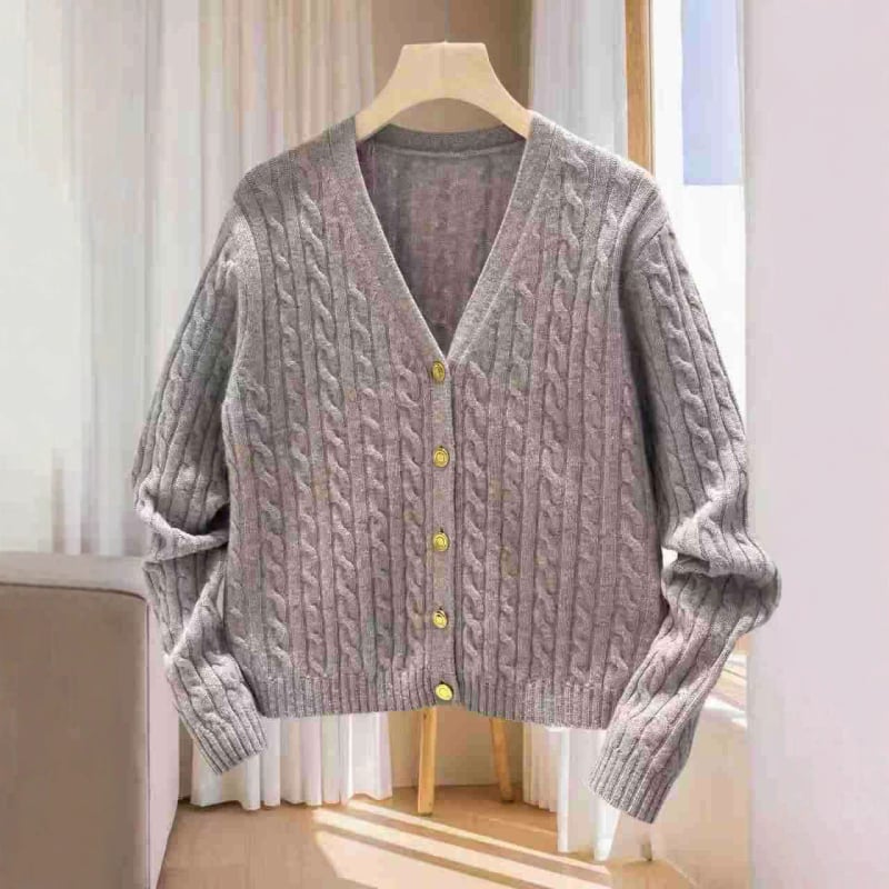 Ženski kardigan od kašmira i vune, Twist Flower pletenje, V-izrez, dugi rukavi, kopčanje u jednom redu, jesen 2025
