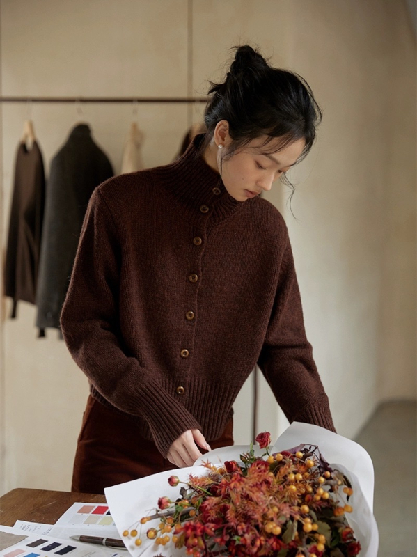 Dámsky cardigan z 95% vlny, s stojacím golierom, dlhé rukávy, normálna dĺžka (50–65 cm), elegantný mestský štýl