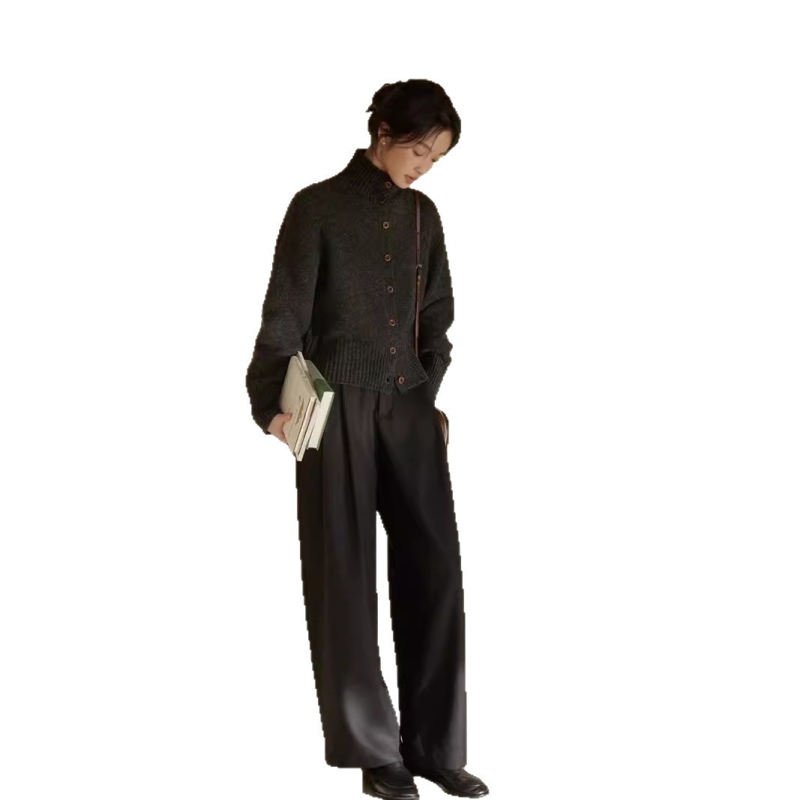 Dámsky cardigan z 95% vlny, s stojacím golierom, dlhé rukávy, normálna dĺžka (50–65 cm), elegantný mestský štýl