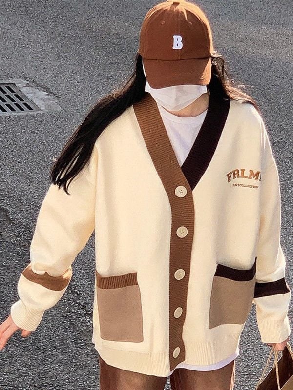 Kašmirski kardigan s izvezenim slovima, slobodan kroj, V-izrez, dugi rukavi, japansko-korejski ležerni stil