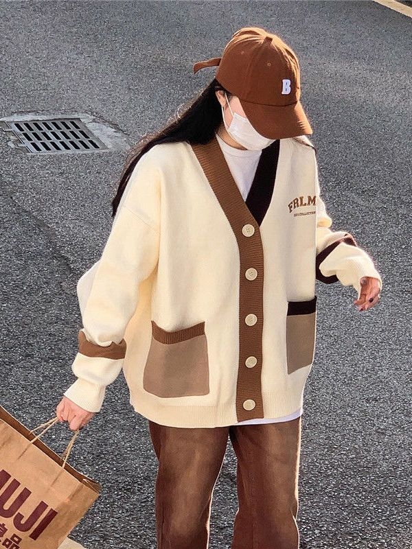 Kašmirski kardigan s izvezenim slovima, slobodan kroj, V-izrez, dugi rukavi, japansko-korejski ležerni stil