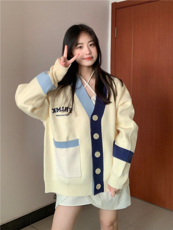 Kašmirski kardigan s izvezenim slovima, slobodan kroj, V-izrez, dugi rukavi, japansko-korejski ležerni stil