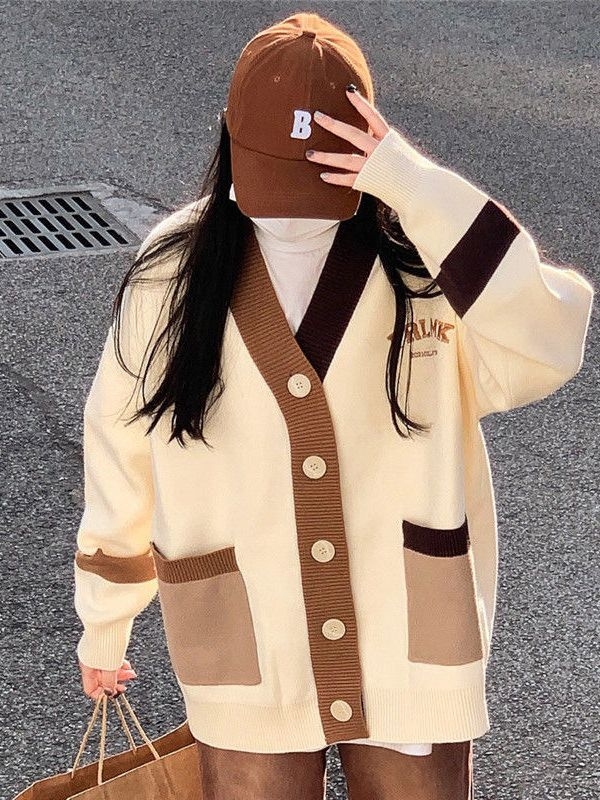 Kašmirski kardigan s izvezenim slovima, slobodan kroj, V-izrez, dugi rukavi, japansko-korejski ležerni stil