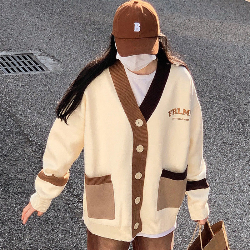 Kašmirski kardigan s izvezenim slovima, slobodan kroj, V-izrez, dugi rukavi, japansko-korejski ležerni stil