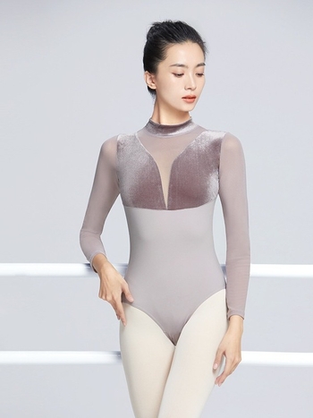 Ženski baletni leotard s dugim rukavima i visokim ovratnikom za scenske nastupe, jednofarbni uzorak, tkanina od pamuk-elastan smjese s 20% elastana, podstava 20% elastana, moderni ples