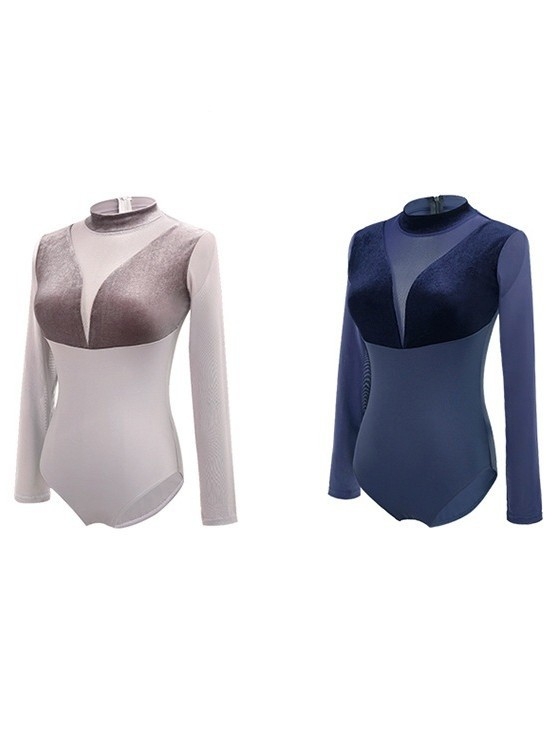 Ženski baletni leotard s dugim rukavima i visokim ovratnikom za scenske nastupe, jednofarbni uzorak, tkanina od pamuk-elastan smjese s 20% elastana, podstava 20% elastana, moderni ples