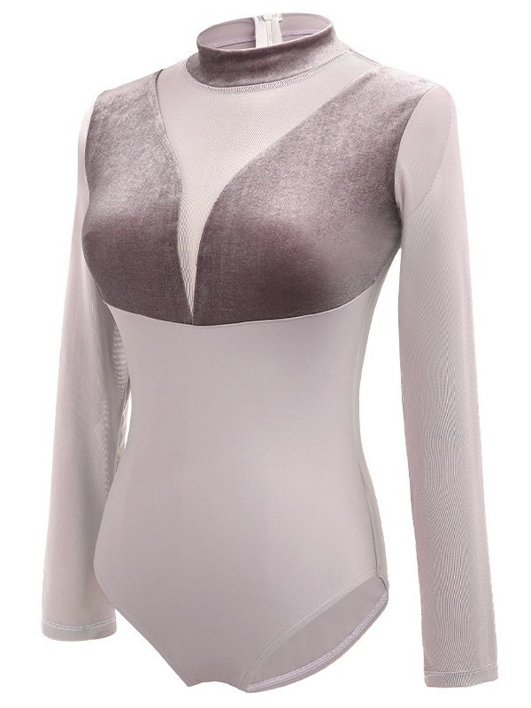 Ženski baletni leotard s dugim rukavima i visokim ovratnikom za scenske nastupe, jednofarbni uzorak, tkanina od pamuk-elastan smjese s 20% elastana, podstava 20% elastana, moderni ples