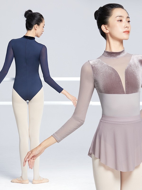 Ženski baletni leotard s dugim rukavima i visokim ovratnikom za scenske nastupe, jednofarbni uzorak, tkanina od pamuk-elastan smjese s 20% elastana, podstava 20% elastana, moderni ples