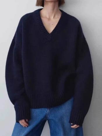 Ženski vuneni džemper s V-izrezom, patchwork dizajn, slobodan kroj, srednja duljina, mješavina vune i kašmira