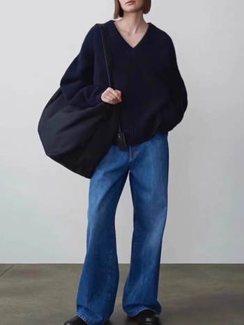 Ženski vuneni džemper s V-izrezom, patchwork dizajn, slobodan kroj, srednja duljina, mješavina vune i kašmira