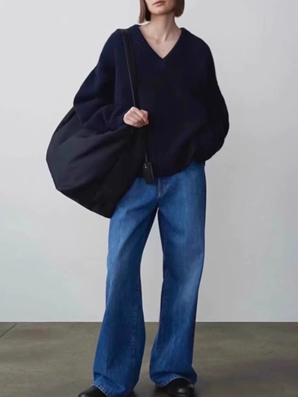 Ženski vuneni džemper s V-izrezom, patchwork dizajn, slobodan kroj, srednja duljina, mješavina vune i kašmira