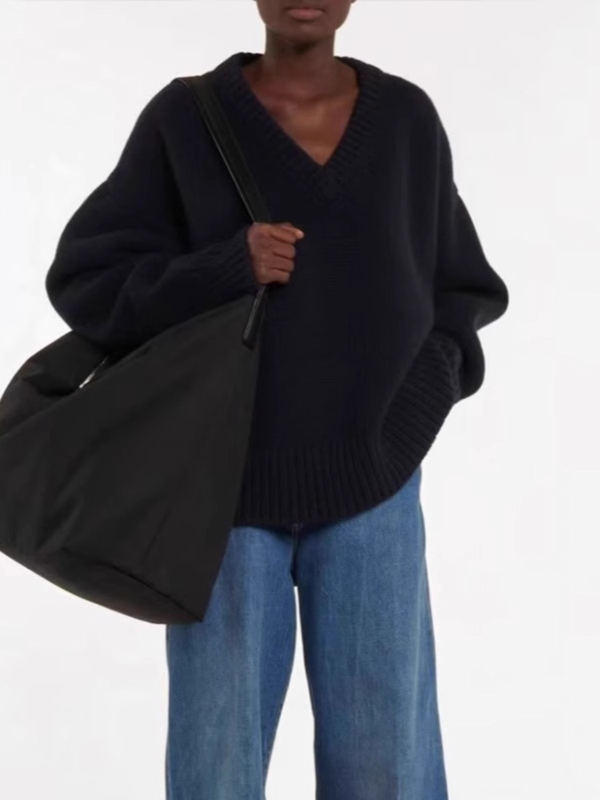 Ženski vuneni džemper s V-izrezom, patchwork dizajn, slobodan kroj, srednja duljina, mješavina vune i kašmira