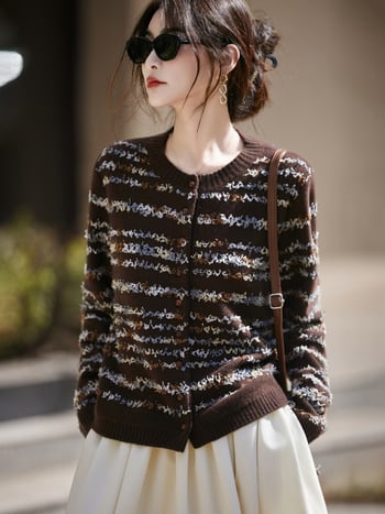 Ženski kardigan pulover | Vuna s kašmirom (<30%), jacquard pletenje, dugi rukavi, okrugli ovratnik, jednoredno kopčanje