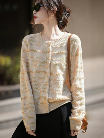 Ženski kardigan pulover | Vuna s kašmirom (<30%), jacquard pletenje, dugi rukavi, okrugli ovratnik, jednoredno kopčanje