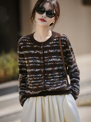 Ženski kardigan pulover | Vuna s kašmirom (<30%), jacquard pletenje, dugi rukavi, okrugli ovratnik, jednoredno kopčanje