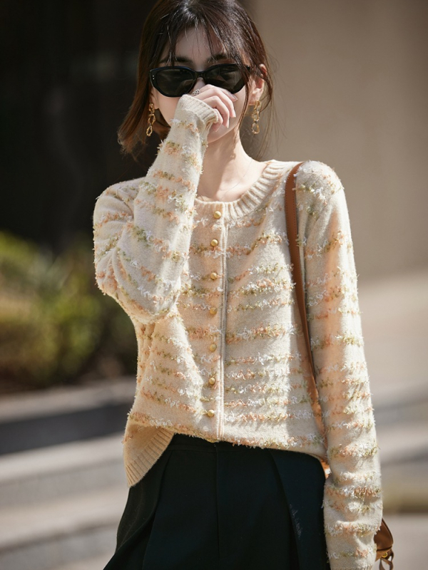 Ženski kardigan pulover | Vuna s kašmirom (<30%), jacquard pletenje, dugi rukavi, okrugli ovratnik, jednoredno kopčanje