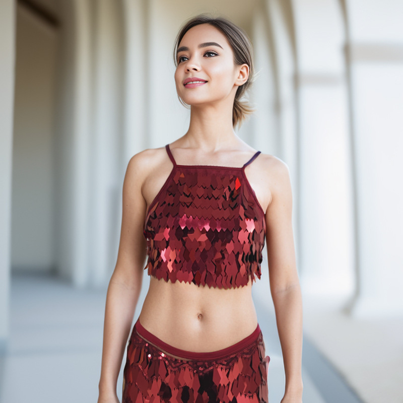 Top za belly dance s šljokicama i resicama – Spandex tkanina, 70–80% sadržaj Spandex, proljeće 2023 izdanje