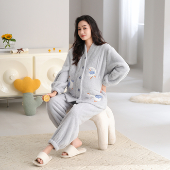Pijama za dojenje za jesen-zimu, ženski set za trudnoću velikog broja, prilagodljiv, topao koralni fleece, kućna odjeća