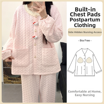 Tehotenský pyžamový set s vložkami do prsníkov — cardigan štýl, materiál air cotton, dlhé rukávy, nohavice, 201–250 g/m²