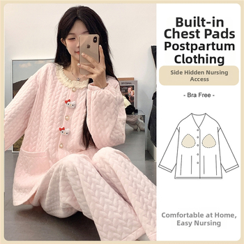 Tehotenský pyžamový set s vložkami do prsníkov — cardigan štýl, materiál air cotton, dlhé rukávy, nohavice, 201–250 g/m²