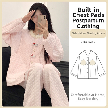 Tehotenský pyžamový set s vložkami do prsníkov — cardigan štýl, materiál air cotton, dlhé rukávy, nohavice, 201–250 g/m²