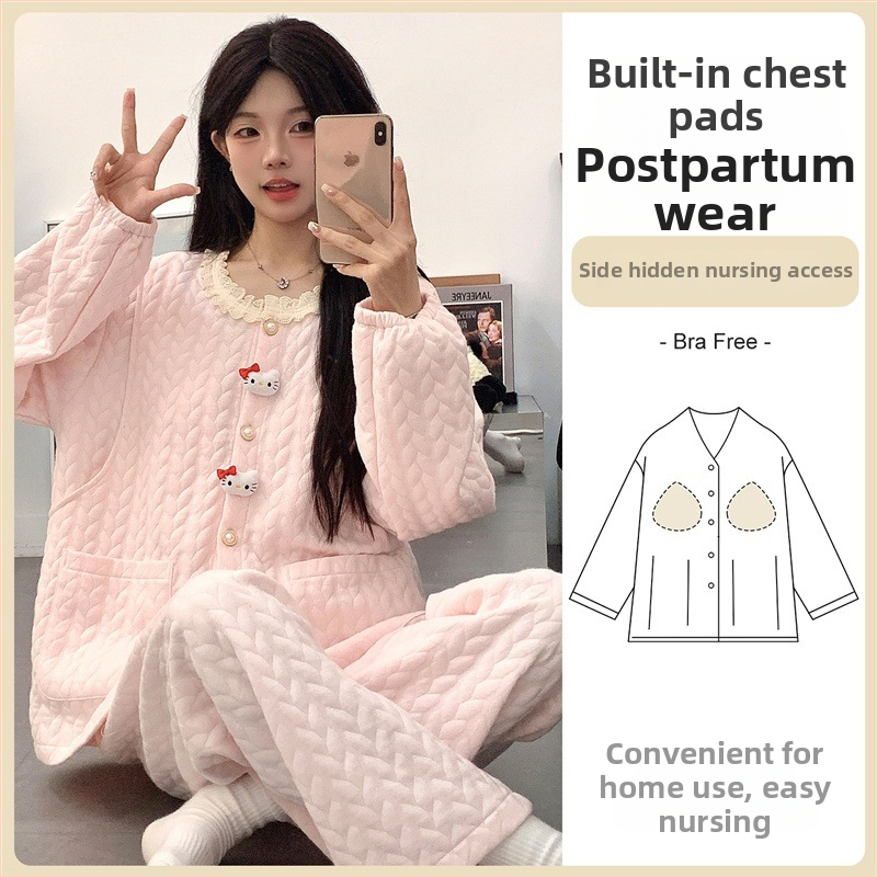 Tehotenský pyžamový set s vložkami do prsníkov — cardigan štýl, materiál air cotton, dlhé rukávy, nohavice, 201–250 g/m²